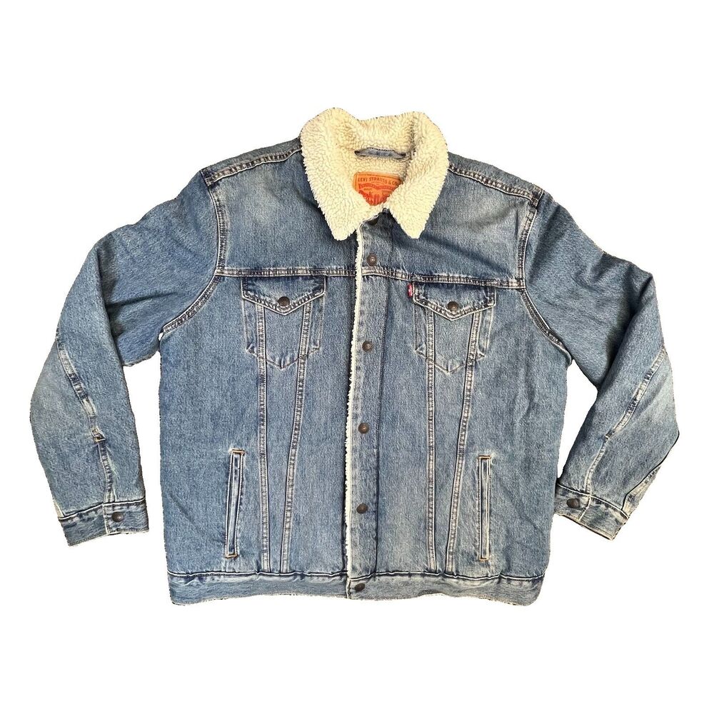 Levis Denim Jacket Adult XXL 2XL Blue Sherpa Lined Trucker Red Tab Fleece Men